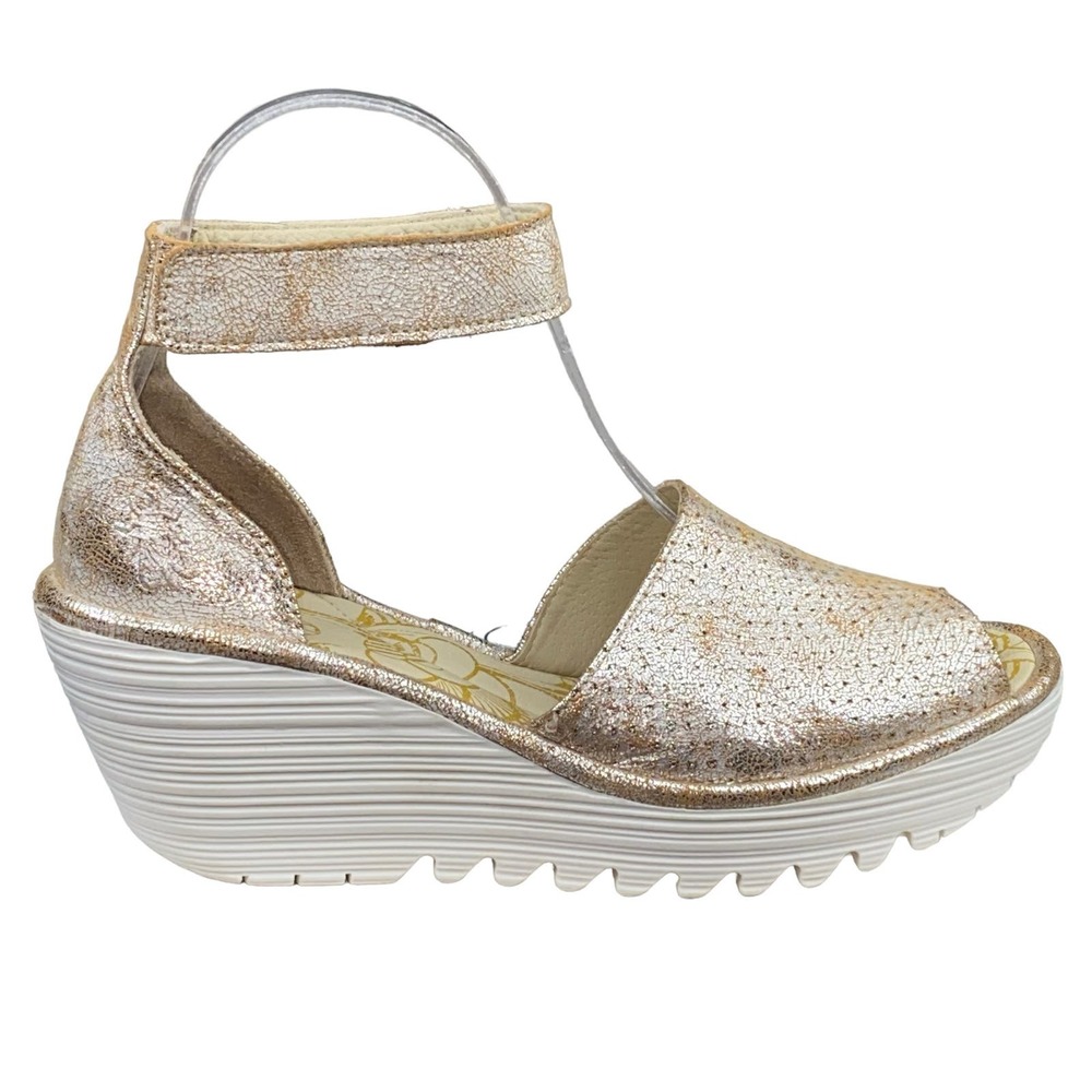 Fly London Women's Gold Perforated Wedge Sandal Size 38 US 7.5/8